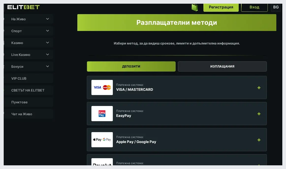 Страница за методи на плащане на ElitBet, Списък на платежни системи с логотипи и имена, 29.10.2026